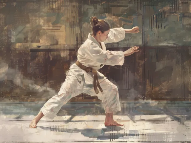 French judoka executing a traditional throw in a sunlit dojo, gi in motion