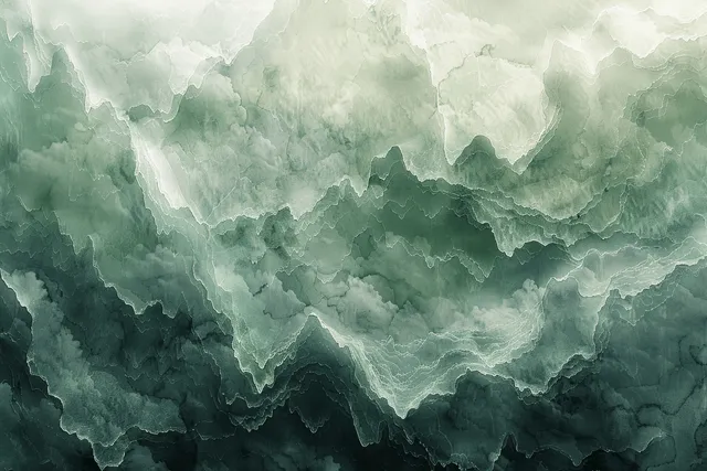 Green and gray watercolor clouds swirl across rough textured paper with a misty, smoky gradient.