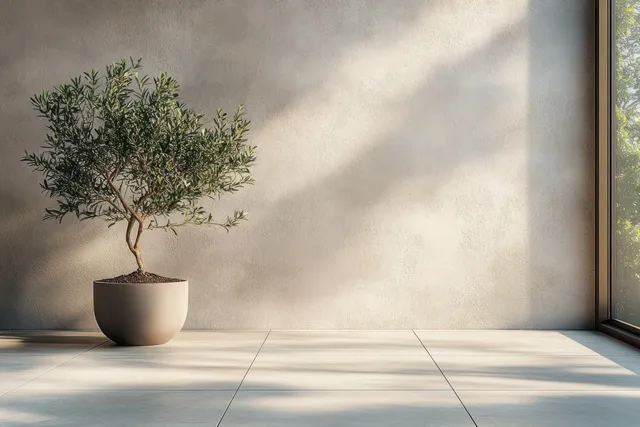 Single potted olive tree in minimalist room, soft sun shadows on textured beige wall