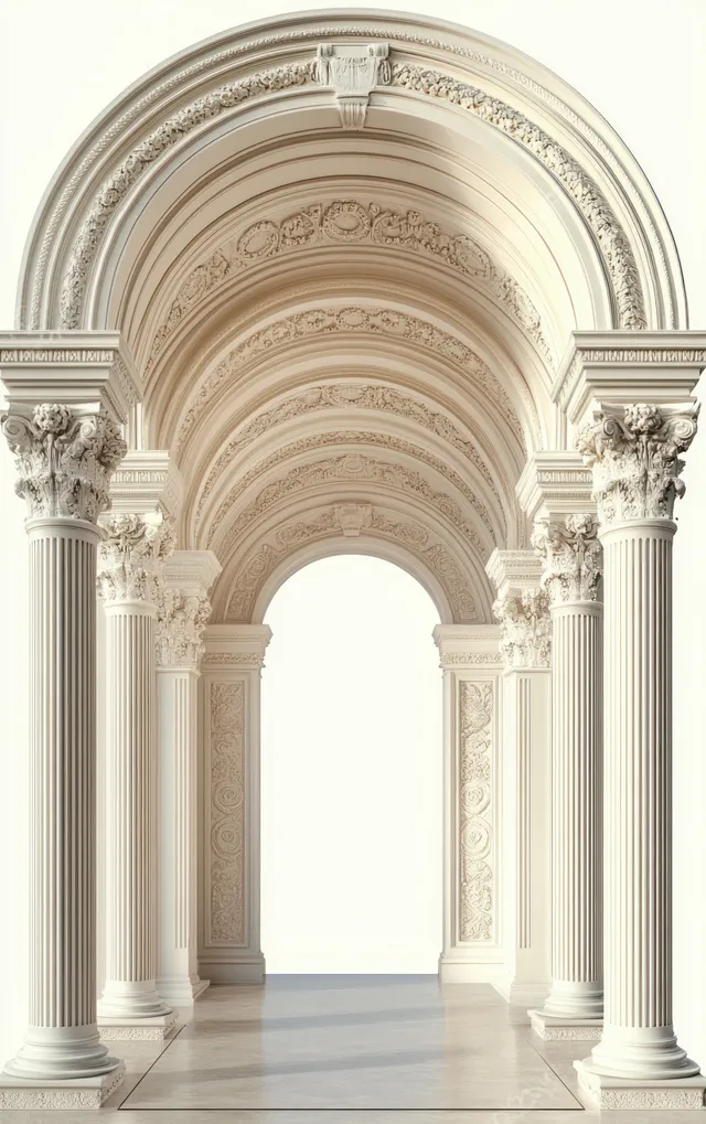Symmetrical neoclassical archway with Corinthian columns and carved floral patterns illuminated by soft ambient light.