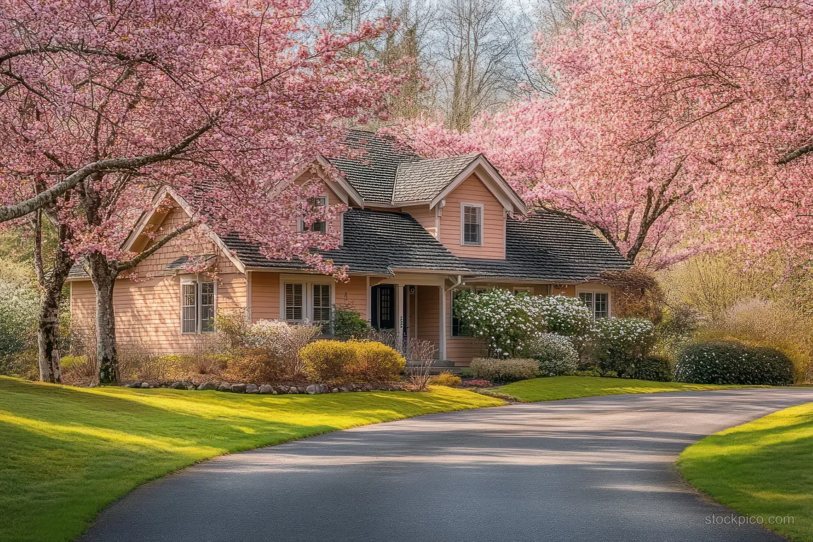 A cottage with windows and a curved driveway is framed by pink cherry blossom trees and a green lawn in daylight.