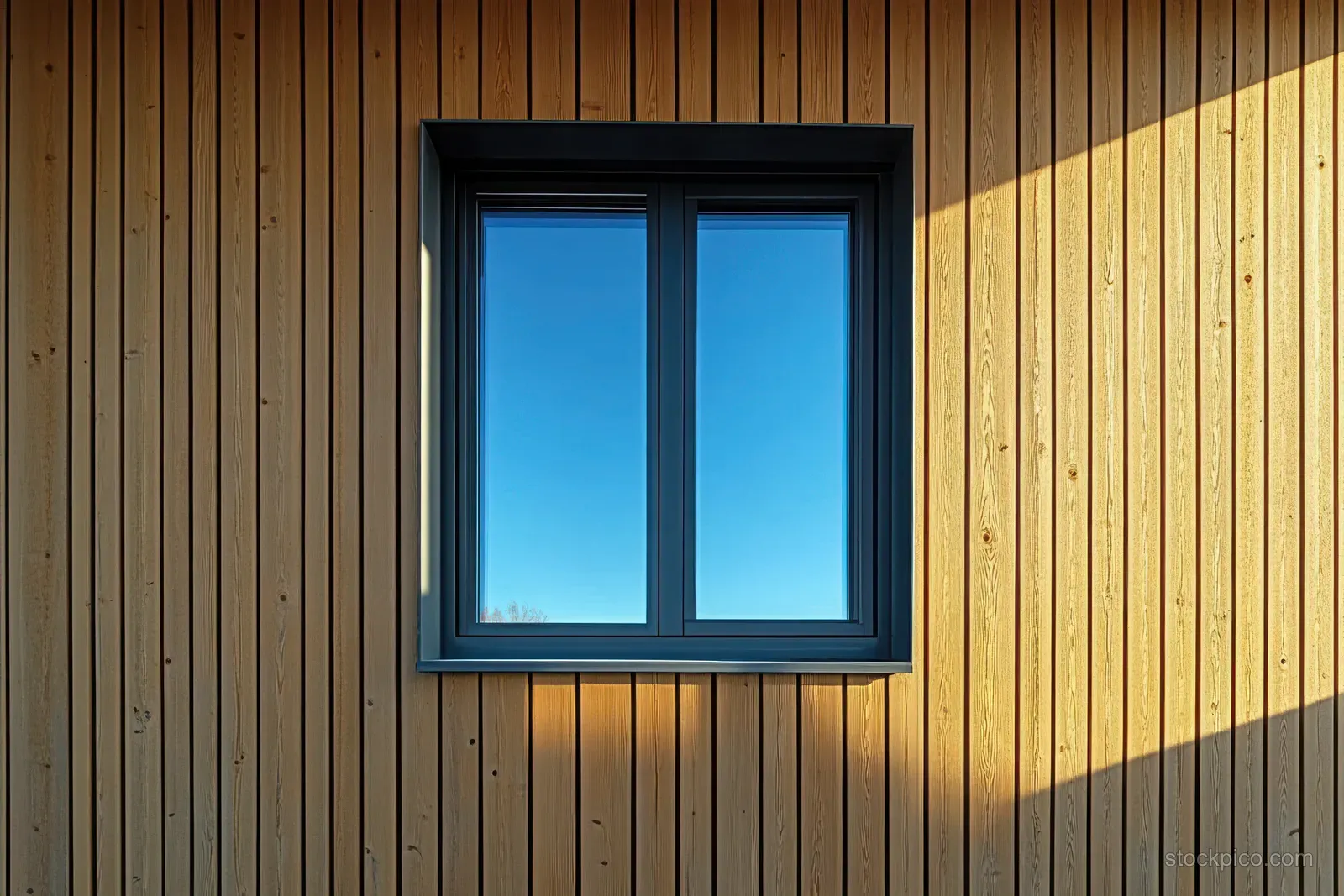 A closed black-framed window reflects a blue sky on a vertical wooden panel wall with diagonal sunlight shadows.