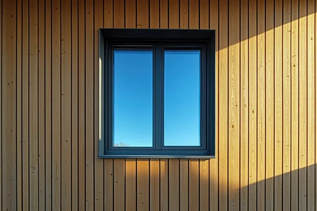 A closed black-framed window reflects a blue sky on a vertical wooden panel wall with diagonal sunlight shadows.