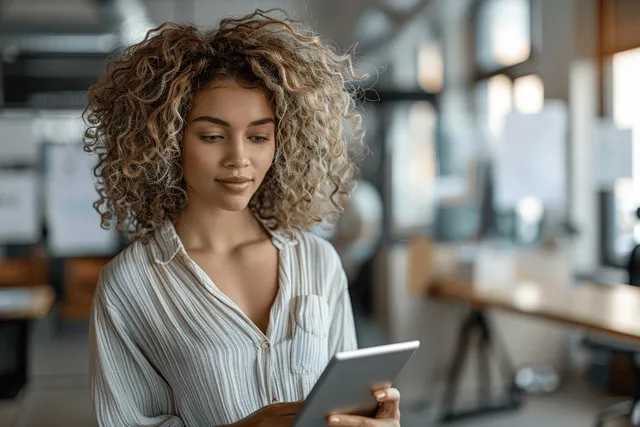 A mature professional woman works on a digital tablet in a bright, modern corporate office.