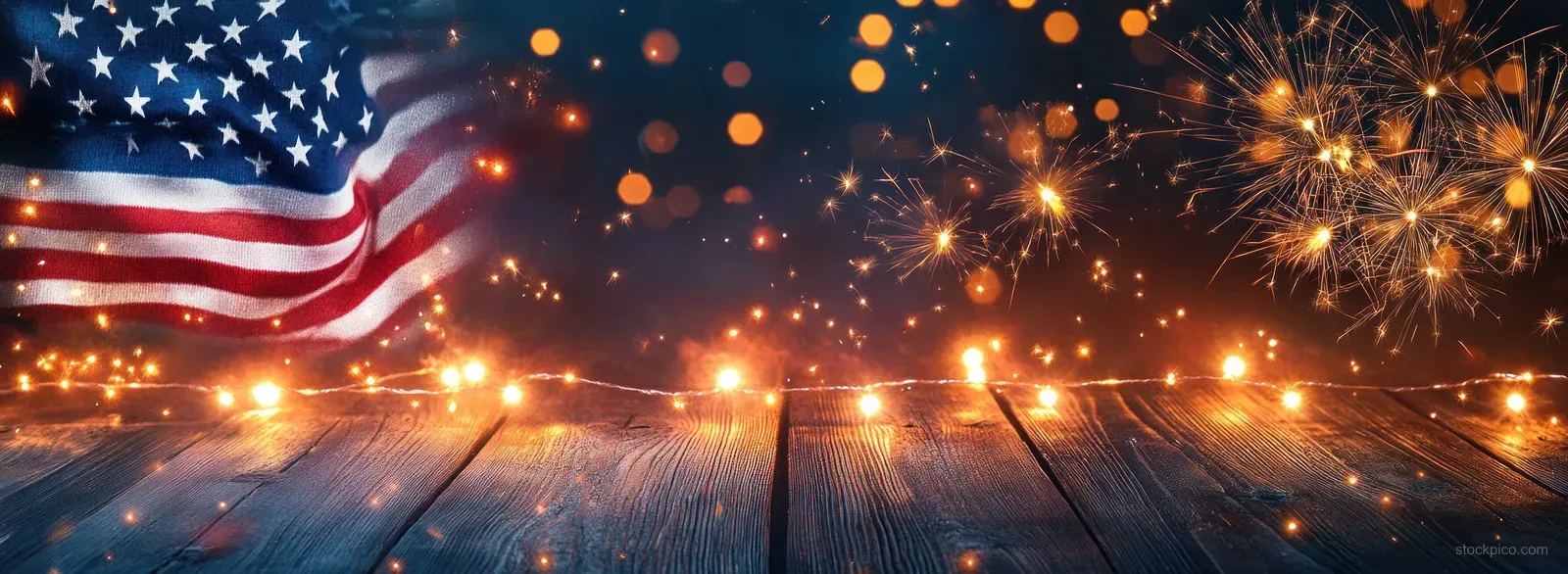 An American flag waves as sparklers and fireworks burst over rustic wooden boards for July Fourth.