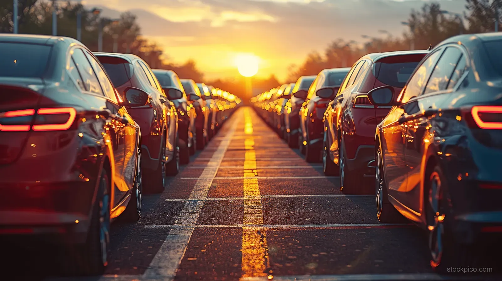 Cars parked in rows at an outdoor lot during sunset with reflections on wet asphalt.