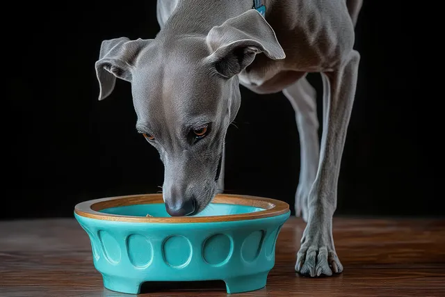 Gray dog drinking from a turquoise ceramic water bowl on a wooden floor with a dark background.