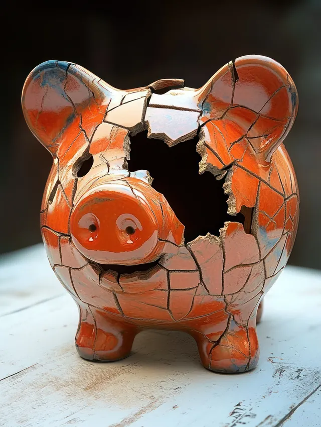 Cracked orange piggy bank with a broken hole, isolated on white surface