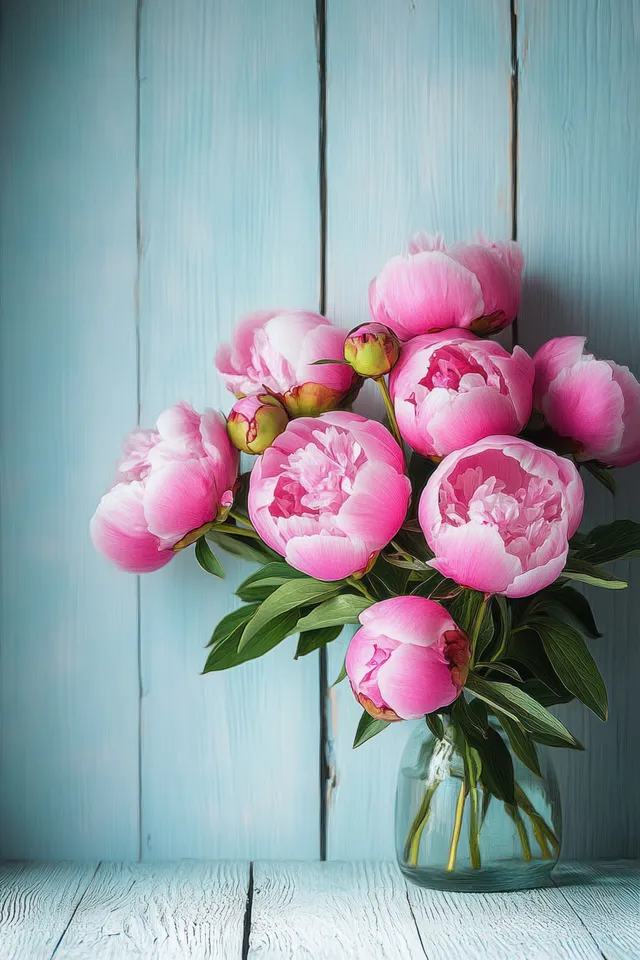Fresh Pink Peony Bouquet in Glass Vase on Rustic Light Blue Wood