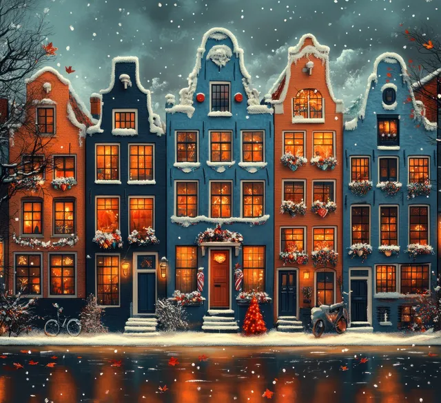 Colorful Dutch-style buildings glow in a snowy winter street decorated with candy canes and festive leaves.