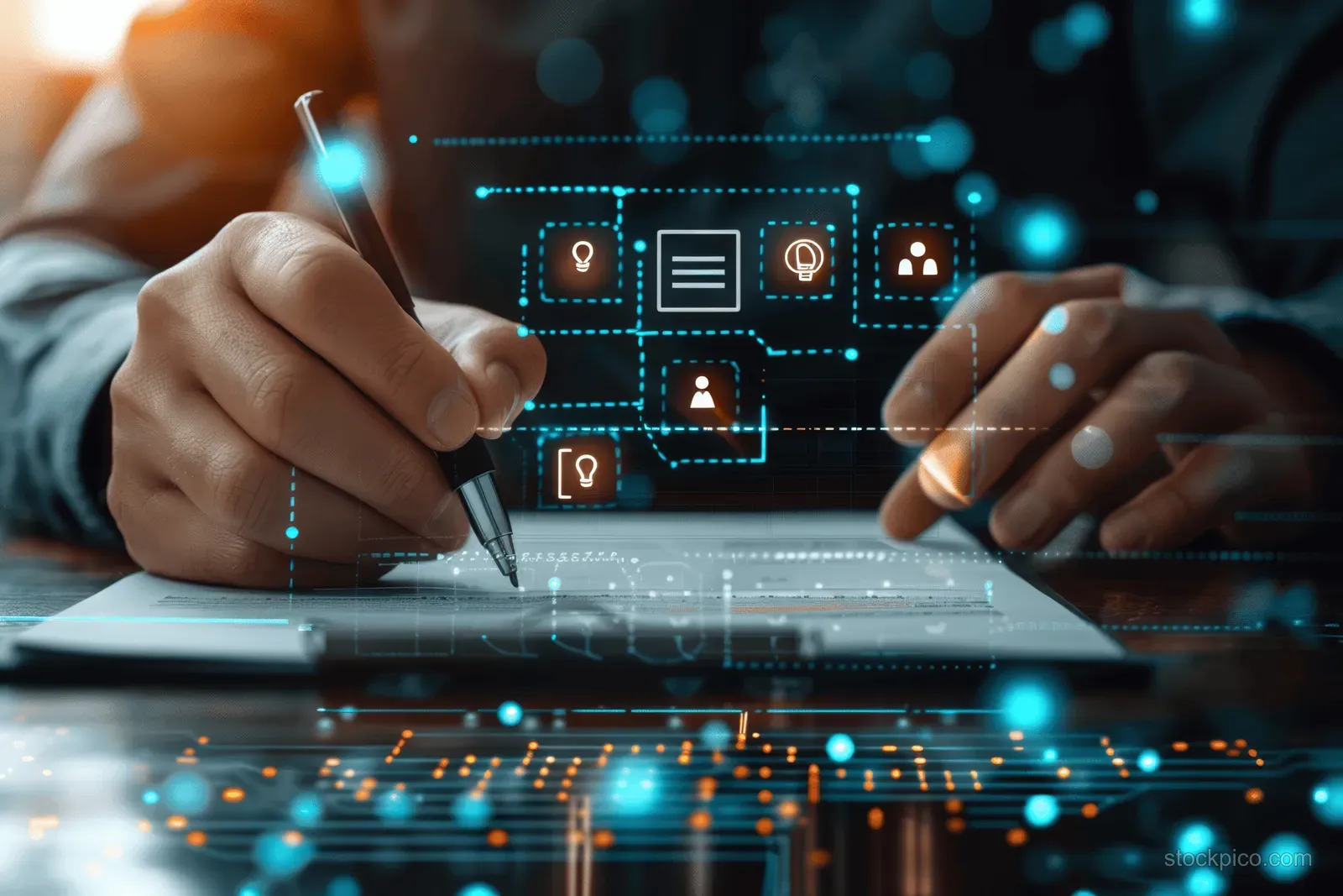 Hands sign a document while a digital security dashboard with connected icons overlays the desk.