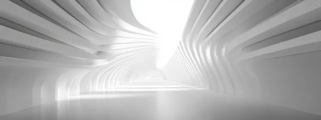 Minimalist white interior corridor with textured walls, vanishing point, and dramatic light beams