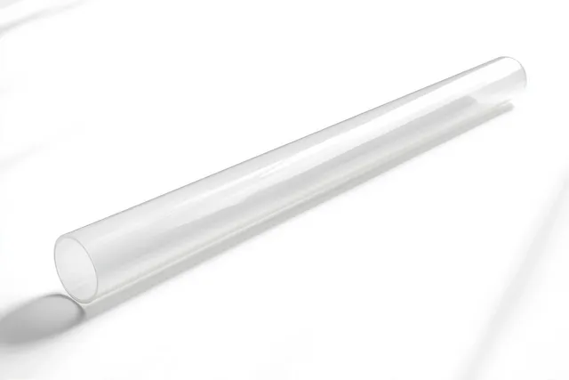 An empty transparent glass tube lies diagonally on a white surface with a soft shadow.