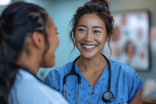 Asian nurse smiling warmly in hospital, speaking with a patient in clinical setting