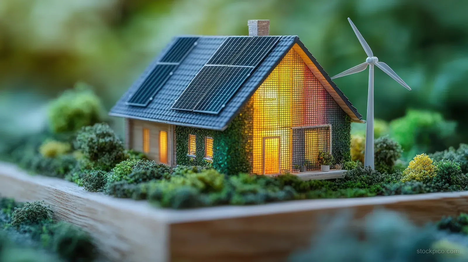 Miniature eco house model with glowing windows, solar panels, and a nearby wind turbine symbol surrounded by lush greenery.