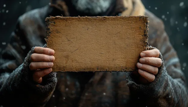 A distressed man holds a torn brown sign in an indoor portrait with a subdued, troubled expression.
