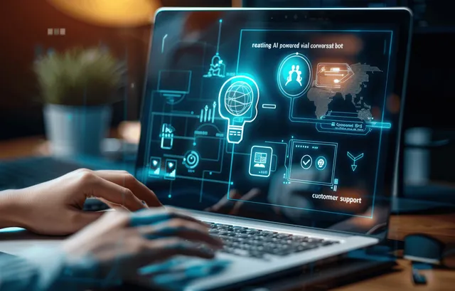 A person types on a laptop displaying a glowing AI customer support chatbot interface with icons.