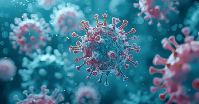 3D coronavirus particles glow and float on a blue microscopic biohazard background.