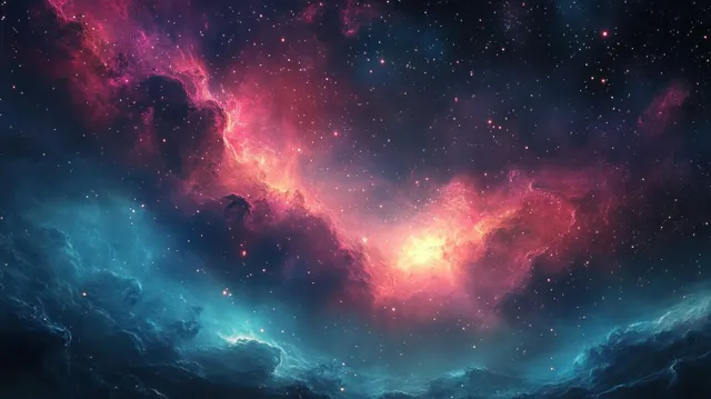 Swirling cosmic nebula with glowing stars and colorful gas clouds across a deep blue and pink outer space backdrop.