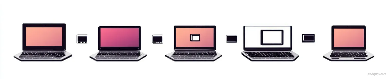 Five laptops and tablets arranged in sequence show different screen sizes and colored displays on white.