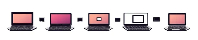 Five laptops and tablets shown in sequence with changing screen colors on white backdrop