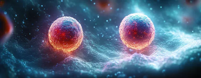 Glowing cancer cells under microscope-like lighting with swirling blue bio background