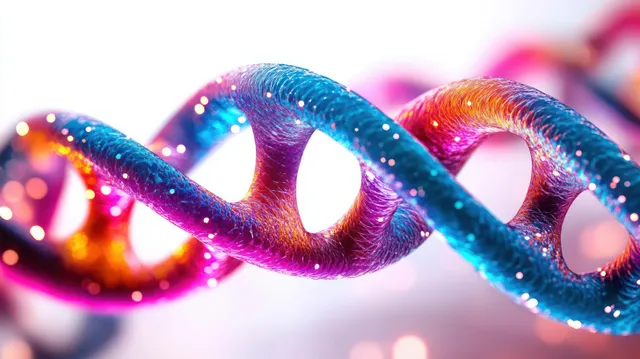 Colorful glowing DNA double helix strands with sparkling particles span the frame against a bright blurred background.