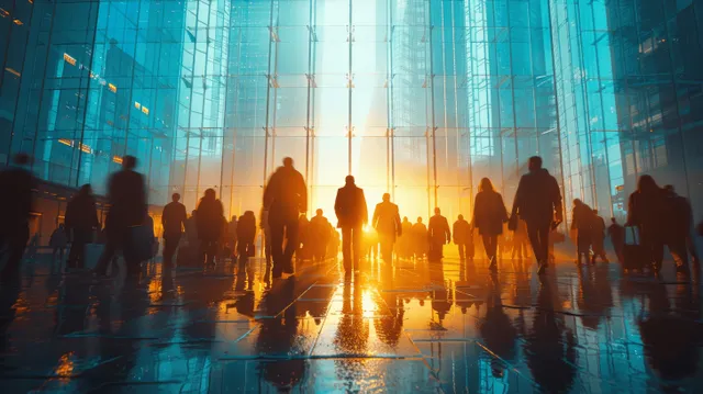 Crowded corporate lobby with executives rushing past glass walls, long-exposure light streaks
