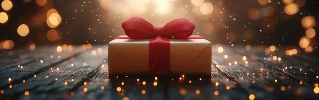Christmas gift box with red ribbon and glowing bokeh lights on wooden tabletop with Shallow Depth Of Field