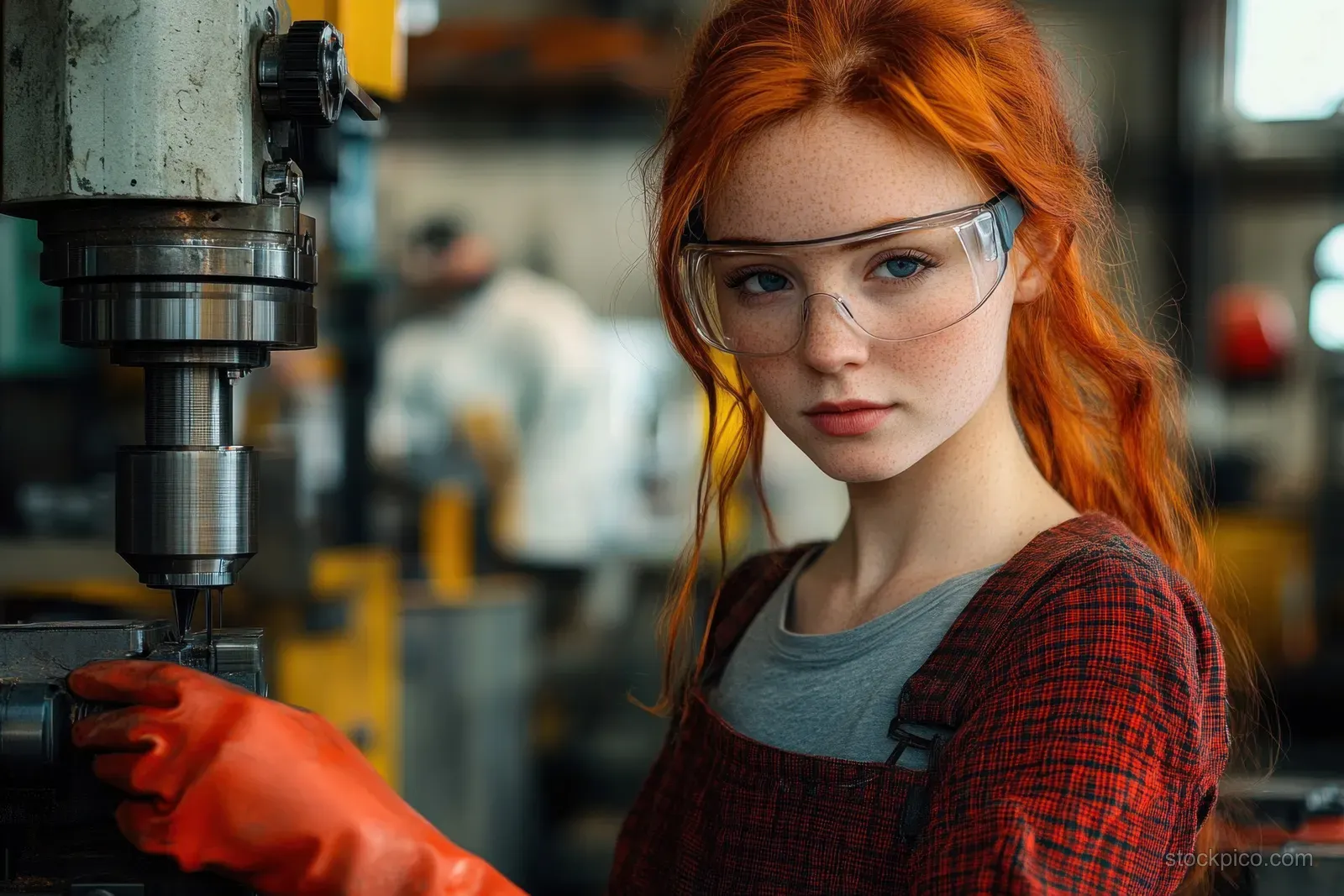 Red-haired woman wearing safety glasses and orange gloves operates a drilling machine in an industrial workshop.