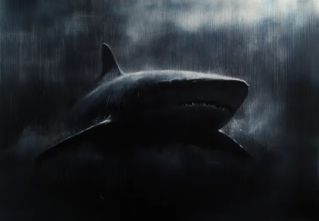 A large shark emerges from foggy, murky depths, creating a tense and mysterious atmosphere in the dim underwater scene.