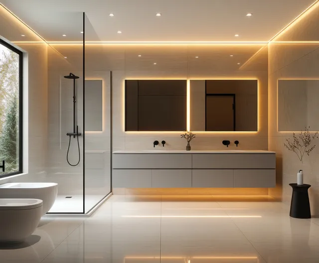 A minimalist grey bathroom interior with a double floating vanity, frameless shower, and warm ambient ceiling lights.
