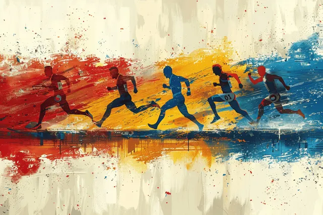 Olympic-style runners in motion with colorful brush-stroke trails on grunge background