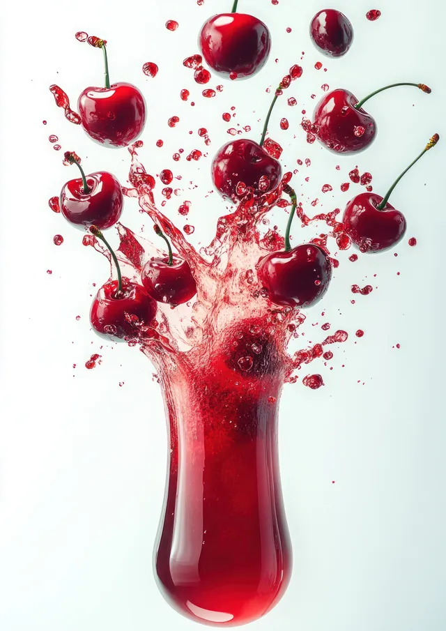 Cherry juice splashing upward with levitating cherries against a clean white background