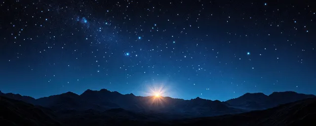 A bright starburst glows above dark mountain silhouettes beneath a star-filled night sky.