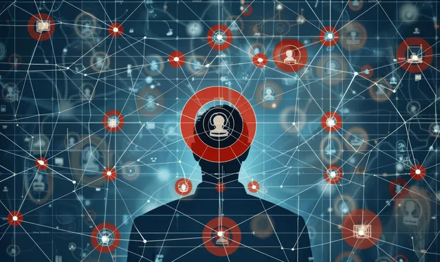 Team leadership network diagram with connected people icons and glowing technology nodes