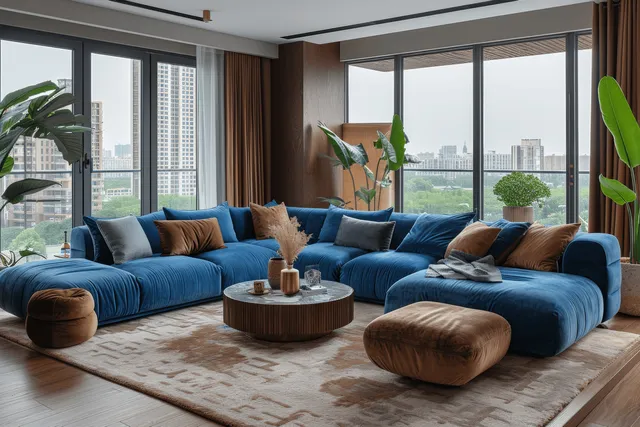 Blue velvet sectional sofa arranged on a beige rug with a round coffee table and tall windows showing a distant city skyline.