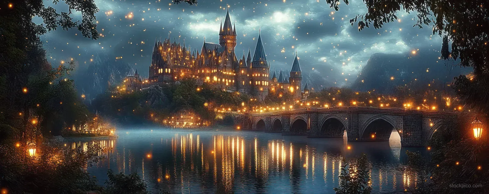 Illuminated medieval castle towers and lanterns reflect in a calm river beside a glowing stone bridge at twilight.