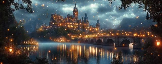 Illuminated medieval castle towers and lanterns reflect in a calm river beside a glowing stone bridge at twilight.