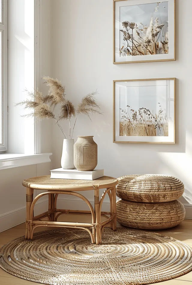 Bright Scandinavian living room 3D render showcasing rattan side tables, minimalist furniture, and blank poster frame mockups.