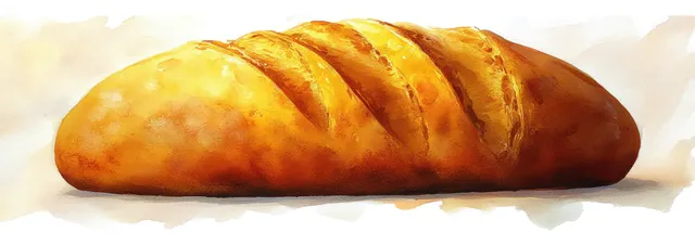 Golden brown loaf of bread with curved slashes on the crust, shown on a bright light background.