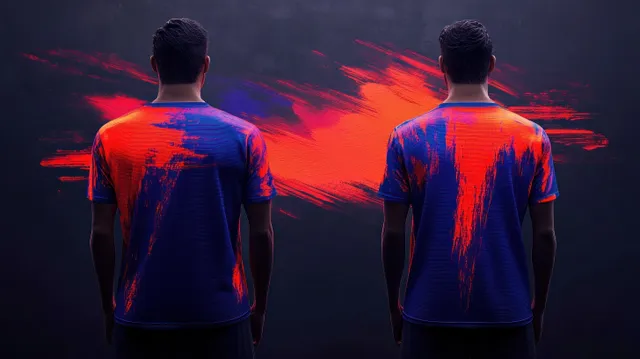 Two men stand back to back wearing blue t-shirts with red paint-stroke patterns against a dark background.