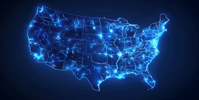 Glowing blue United States map with thin network lines and highlighted state boundaries.