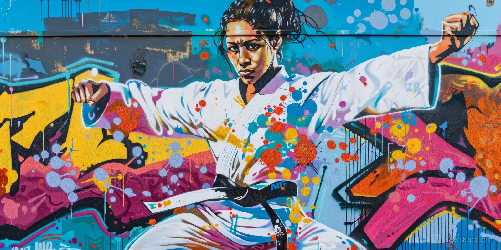 A taekwondo athlete performs a mid-air kick in front of a colorful graffiti mural with paint splashes.