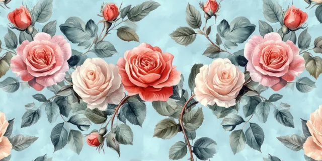 Seamless watercolor rose pattern with soft pastel blooms and detailed green leaves