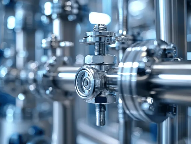 Stainless valve fittings and threaded connectors attached to metal tubing in a bright industrial laboratory setting.
