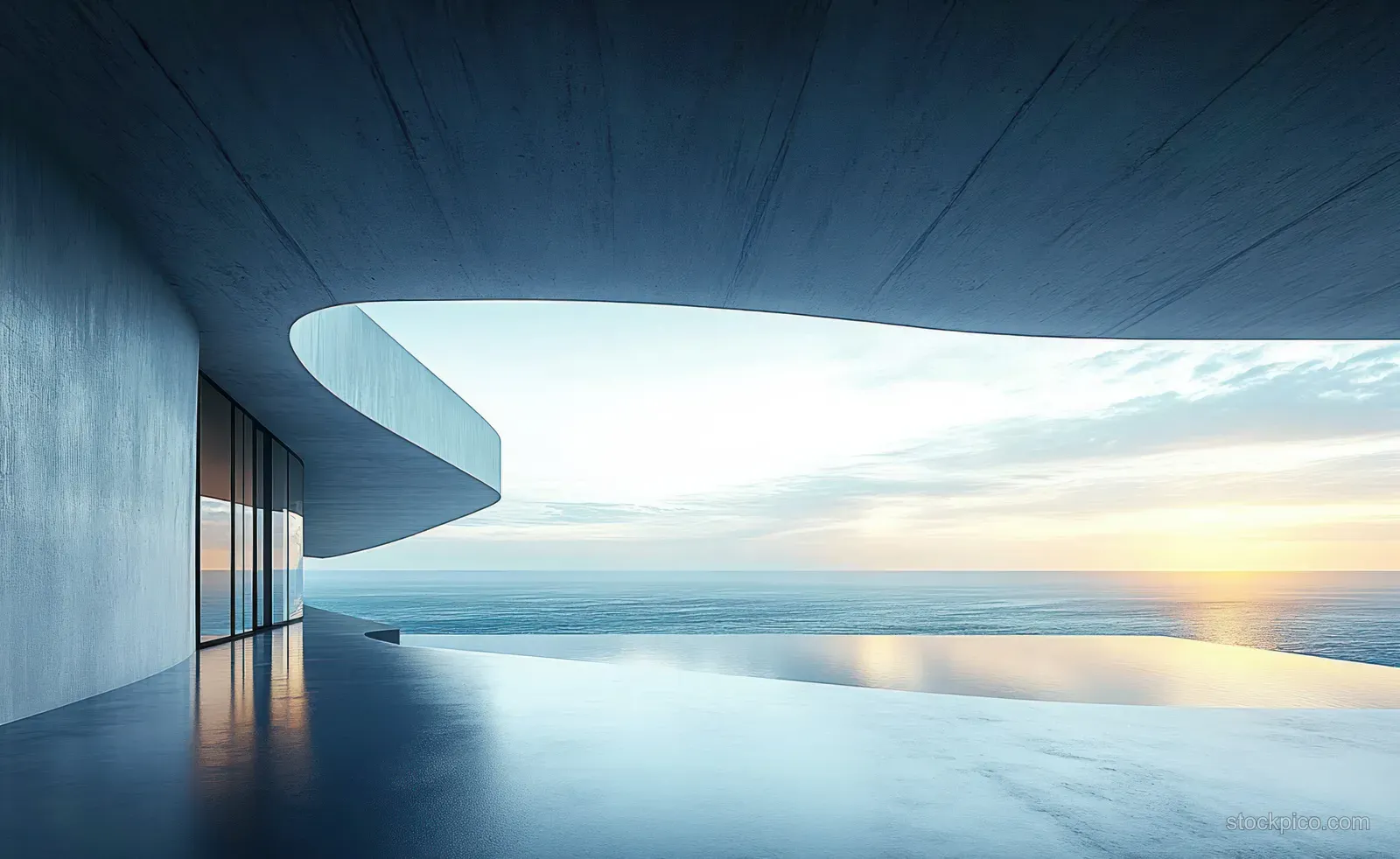 Minimalist concrete building overlooks a calm ocean at sunrise, with an infinity pool reflecting the horizon.