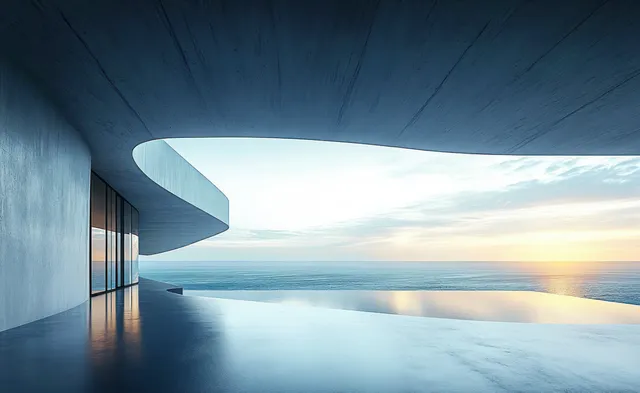 Minimalist concrete residence with curved roof overlooking calm ocean sunrise and infinity pool reflections