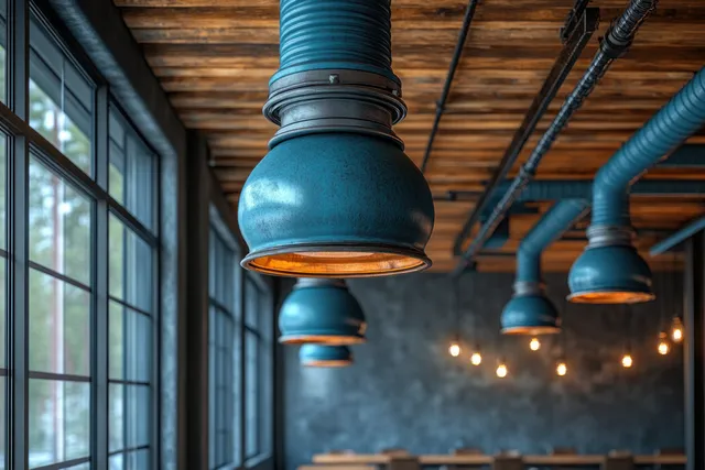 Blue ventilation pipes and hanging ducts run across a ceiling with rustic wood beams and warm pendant lights.