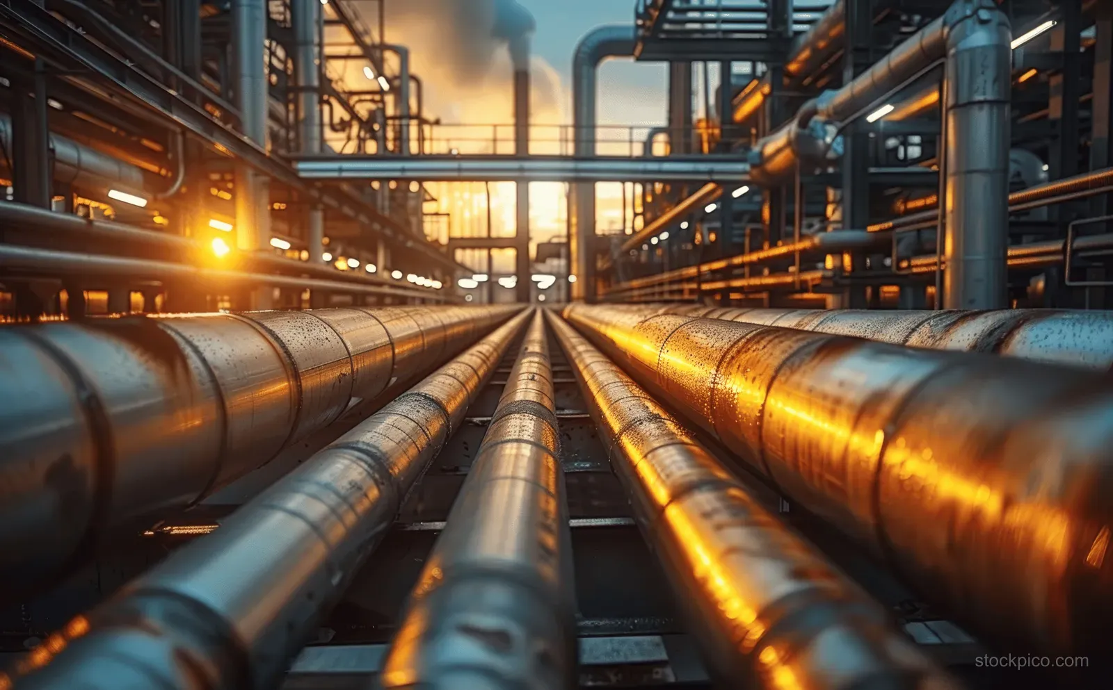 Steel pipes in an oil and gas plant glow in sunrise light while smoke haze fills the background.
